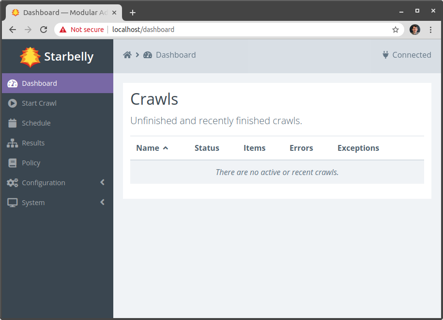 screenshot of default dashboard GUI