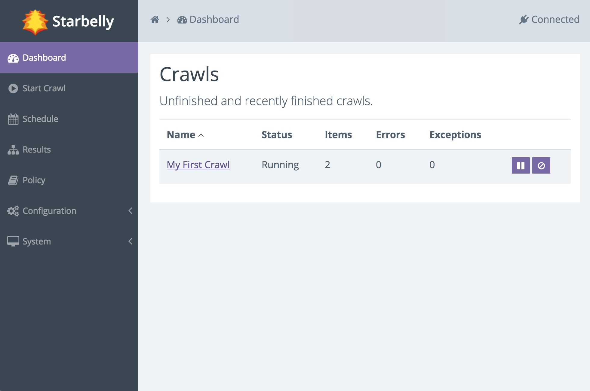 dashboard shows the first crawl is running
